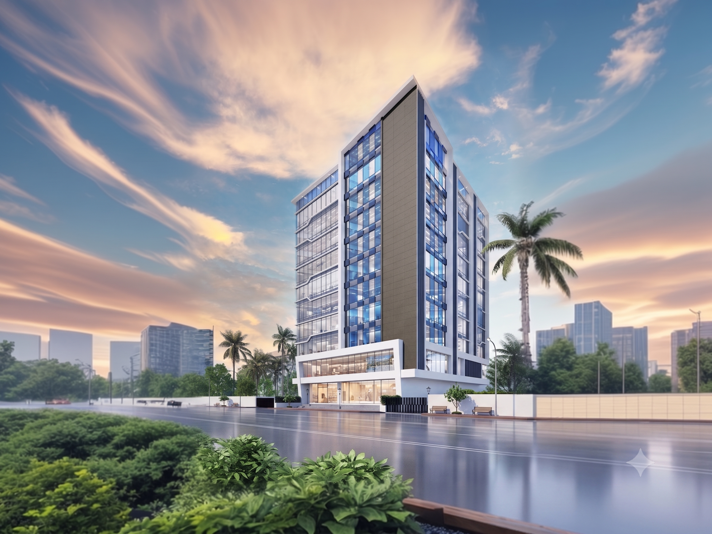 Trienity One — the daytime elevation: a nine-storey commercial tower with vertical fins, glass and warm cladding above ground-floor retail storefronts on a landscaped Mumbai street.